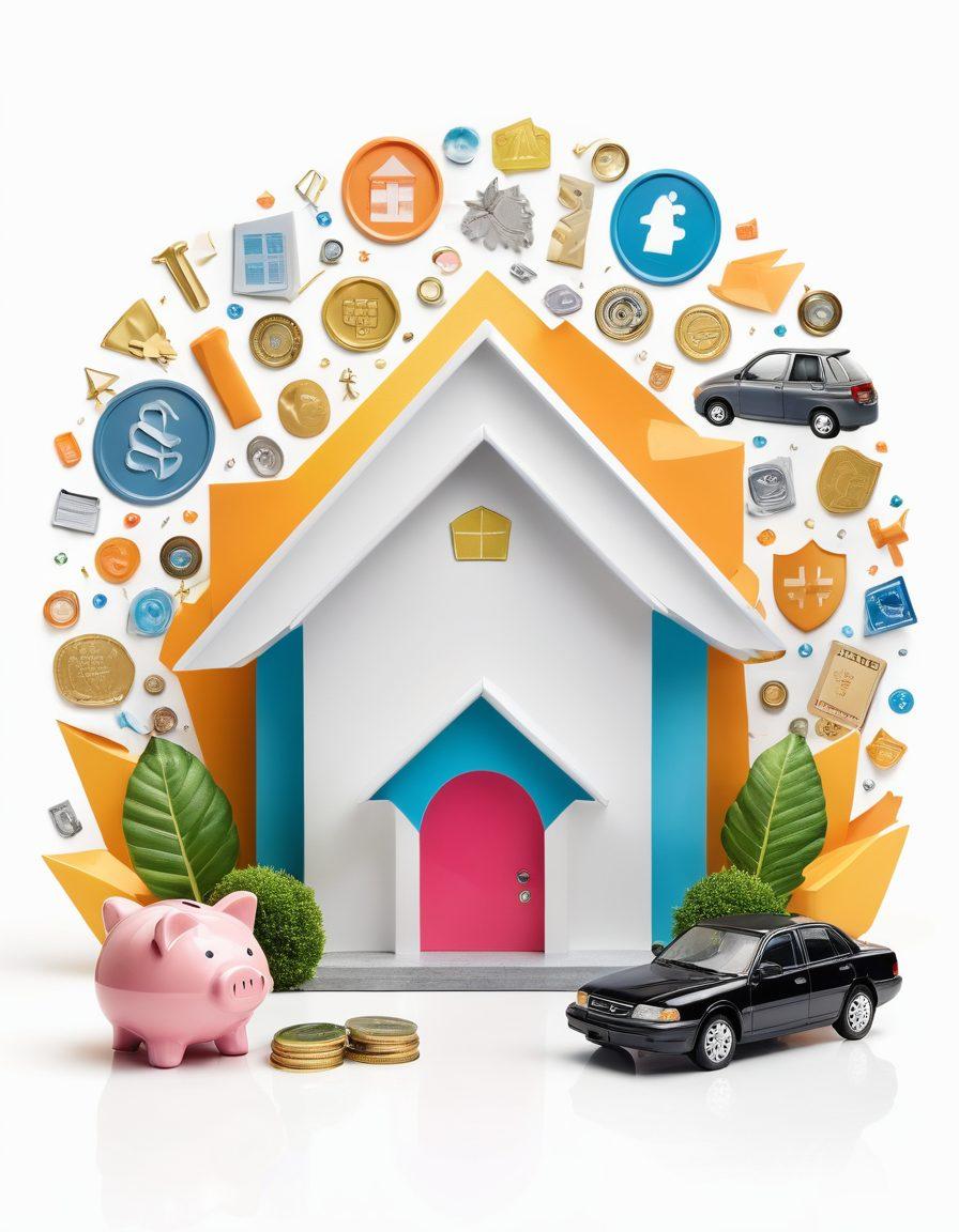 A visually engaging collage depicting various types of insurance policies, including health, auto, and home insurance, surrounded by symbols of financial security like a shield, a rising graph, and a piggy bank. The background features calming colors to evoke trust and safety. Include people of diverse backgrounds discussing insurance with a financial advisor. super-realistic. vibrant colors. white background.
