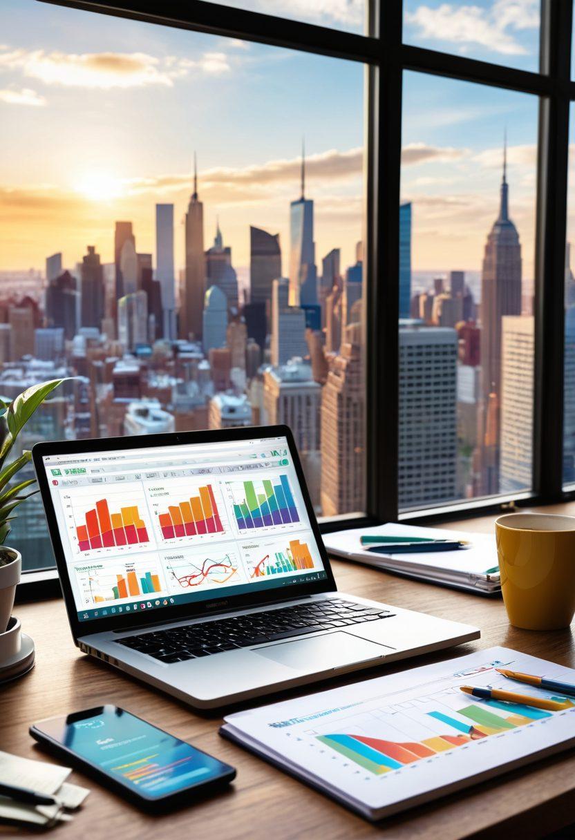 A dynamic and modern workspace featuring a laptop displaying colorful charts and graphs about insurance strategies. Surrounding the laptop are notepads, pens, and a cup of coffee, symbolizing productivity and focus. In the background, a large window reveals a city skyline, representing growth and opportunity. The scene is infused with vibrant colors to evoke energy and positivity. super-realistic. vibrant colors. 3D.